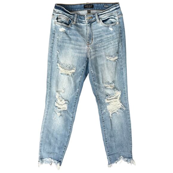 Judy Blue Distressed Raw Hem Blue Light Wash Boyfriend Jeans size 5 / 27 - Picture 1 of 10